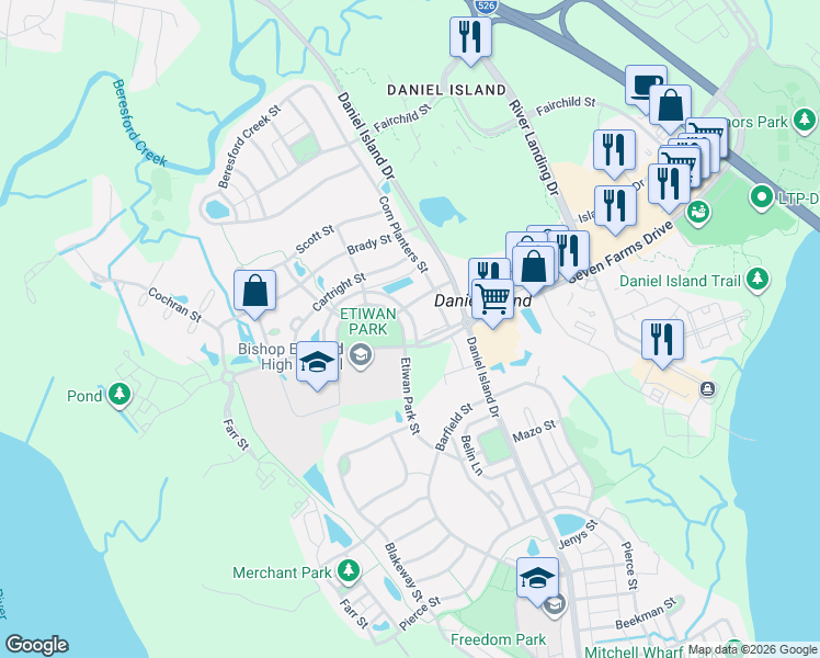 map of restaurants, bars, coffee shops, grocery stores, and more near 110 Proprietors Lane in Charleston