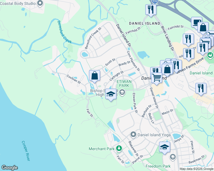 map of restaurants, bars, coffee shops, grocery stores, and more near 174 Proprietors Lane in Charleston