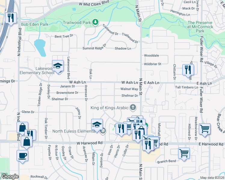 map of restaurants, bars, coffee shops, grocery stores, and more near 210 Shelmar Drive in Euless