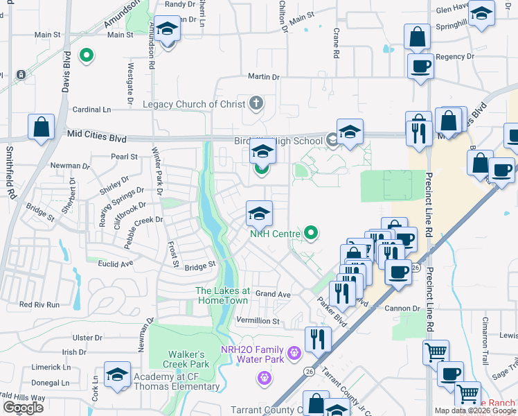 map of restaurants, bars, coffee shops, grocery stores, and more near 8761 Bridge Street in Fort Worth