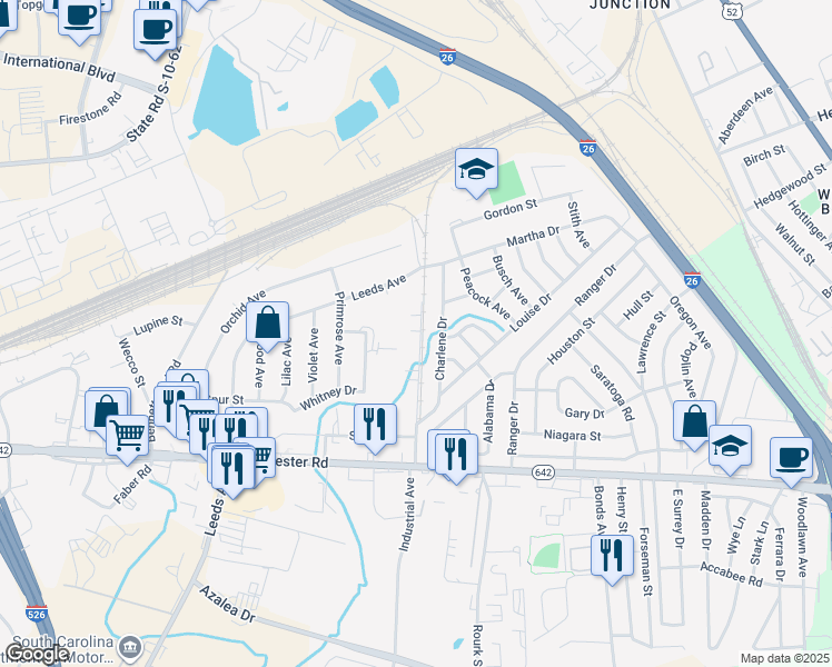 map of restaurants, bars, coffee shops, grocery stores, and more near 2633 Veneer Avenue in North Charleston