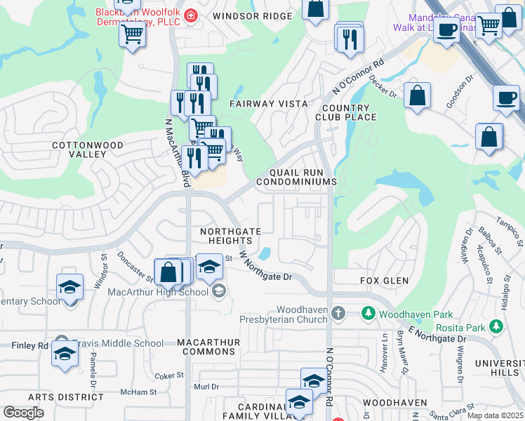 map of restaurants, bars, coffee shops, grocery stores, and more near 704 Sam Hill Street in Irving