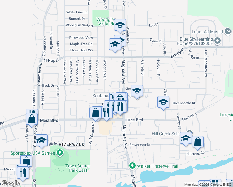 map of restaurants, bars, coffee shops, grocery stores, and more near 9916 North Magnolia Avenue in Santee