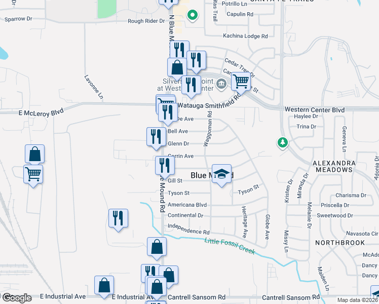 map of restaurants, bars, coffee shops, grocery stores, and more near 1640 Corrin Avenue in Blue Mound