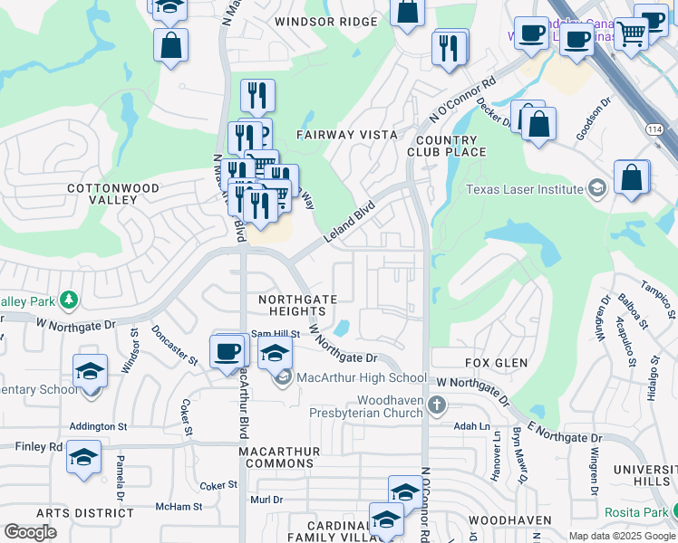 map of restaurants, bars, coffee shops, grocery stores, and more near 704 Sam Hill Street in Irving