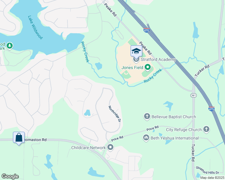 map of restaurants, bars, coffee shops, grocery stores, and more near 206 Northridge Drive in Macon