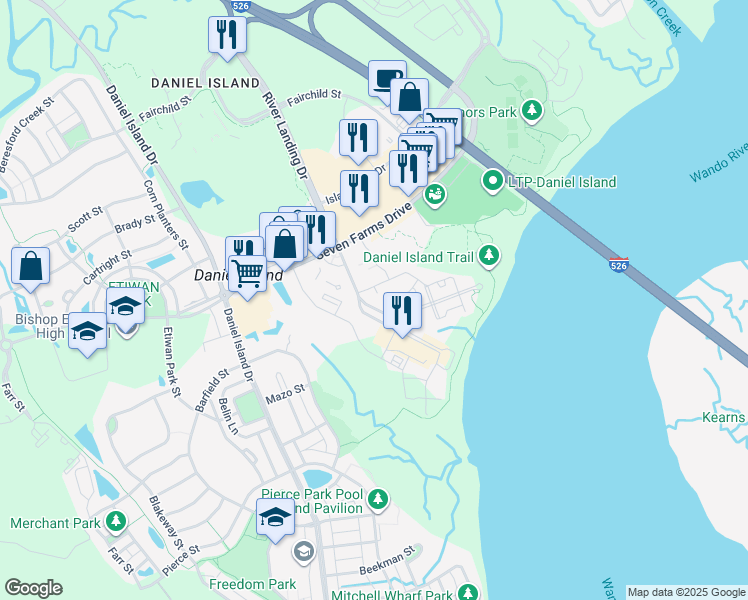 map of restaurants, bars, coffee shops, grocery stores, and more near 200 River Landing Drive in Charleston