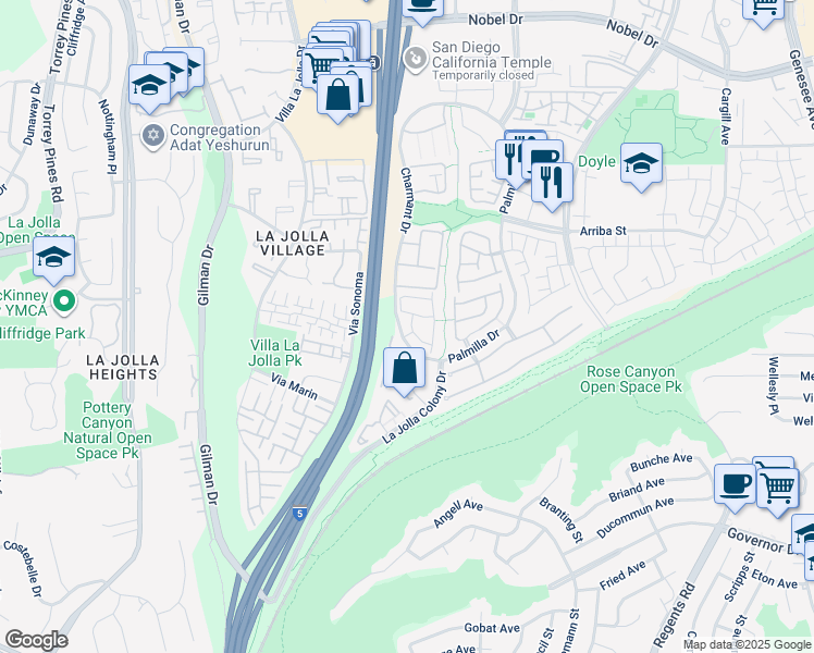 map of restaurants, bars, coffee shops, grocery stores, and more near 7184 Caminito Quintana in San Diego
