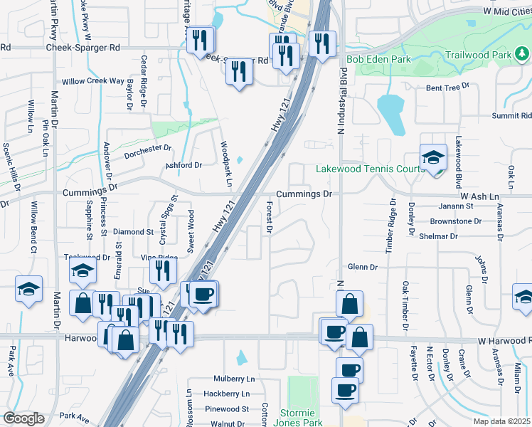 map of restaurants, bars, coffee shops, grocery stores, and more near 3548 Paint Brush Lane in Bedford