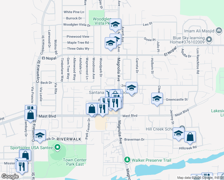 map of restaurants, bars, coffee shops, grocery stores, and more near 9916 North Magnolia Avenue in Santee