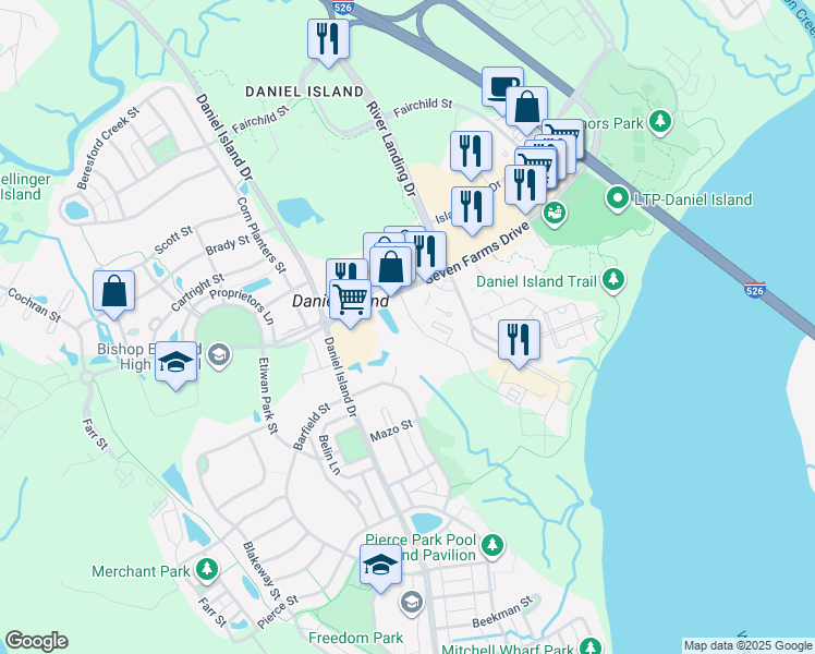 map of restaurants, bars, coffee shops, grocery stores, and more near 125 Pier View Street in Charleston