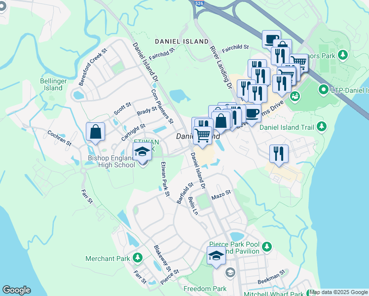 map of restaurants, bars, coffee shops, grocery stores, and more near 305 Seven Farms Drive in Charleston