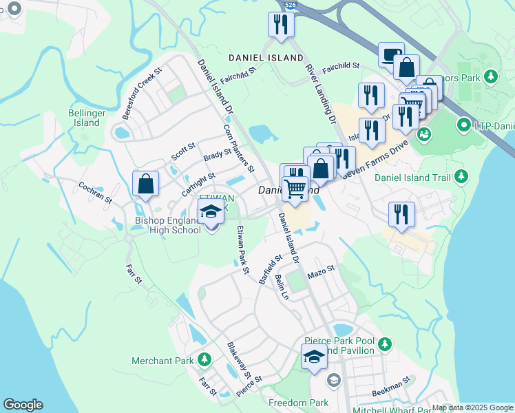 map of restaurants, bars, coffee shops, grocery stores, and more near in Charleston