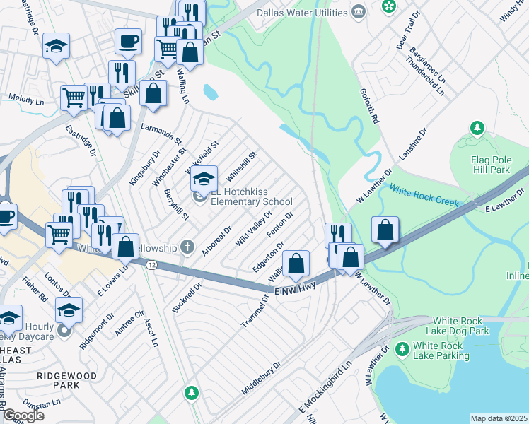 map of restaurants, bars, coffee shops, grocery stores, and more near 7315 Fenton Drive in Dallas