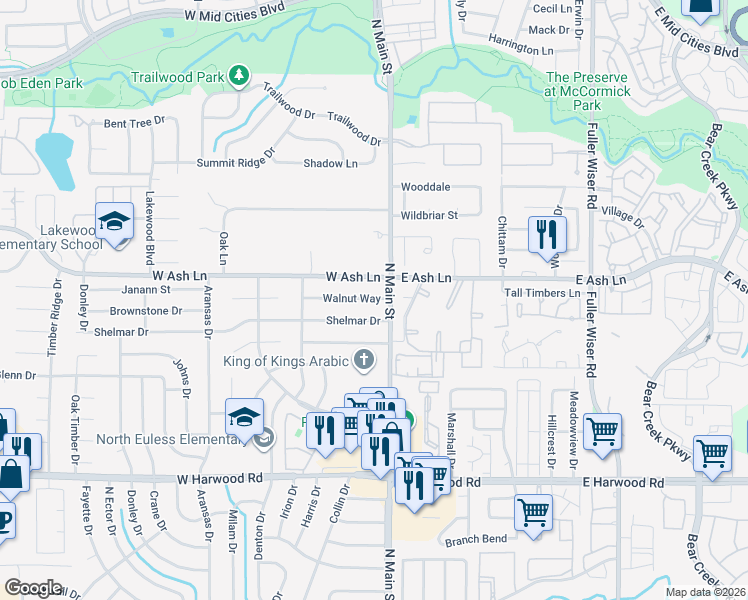 map of restaurants, bars, coffee shops, grocery stores, and more near in Euless