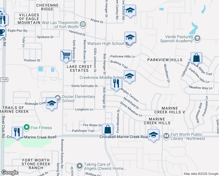 map of restaurants, bars, coffee shops, grocery stores, and more near 5900 Northfield Drive in Fort Worth