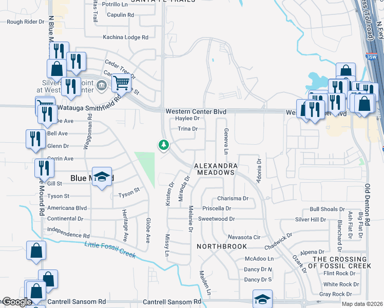 map of restaurants, bars, coffee shops, grocery stores, and more near 6423 Miranda Drive in Fort Worth