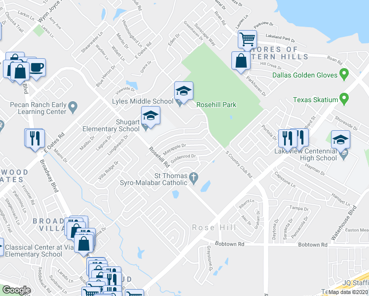 map of restaurants, bars, coffee shops, grocery stores, and more near 1114 Mayapple Drive in Garland