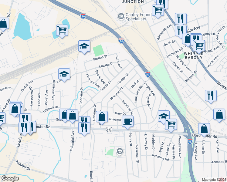 map of restaurants, bars, coffee shops, grocery stores, and more near 2751 Houston Street in North Charleston