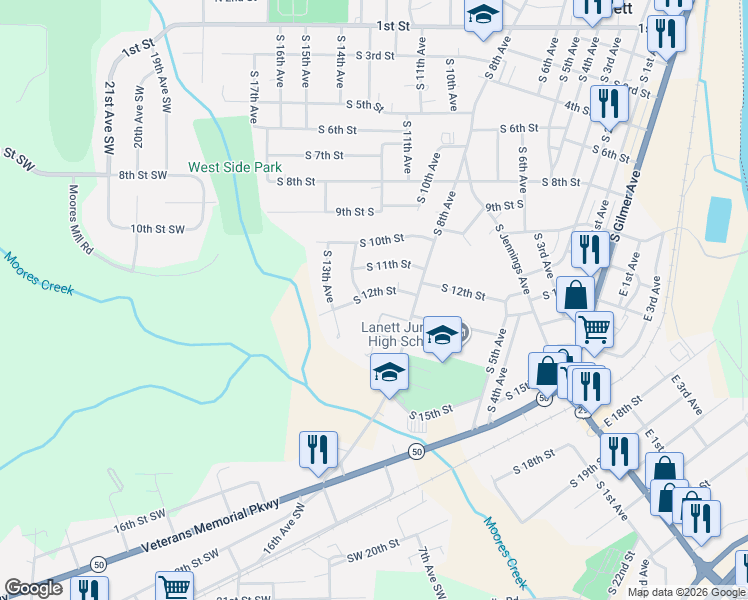 map of restaurants, bars, coffee shops, grocery stores, and more near 801-899 S 13th St in Lanett
