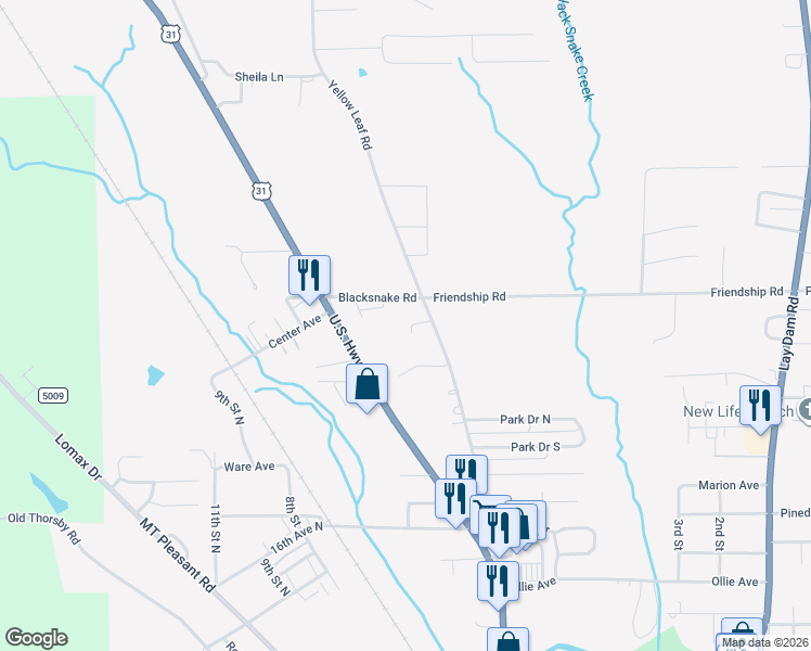 map of restaurants, bars, coffee shops, grocery stores, and more near 1701-1801 Yellow Leaf Road in Clanton