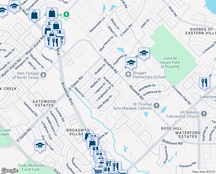 map of restaurants, bars, coffee shops, grocery stores, and more near 809 Longbeach Drive in Garland
