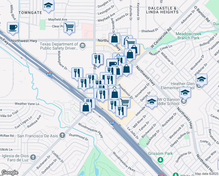 map of restaurants, bars, coffee shops, grocery stores, and more near 1101 West Centerville Road in Garland