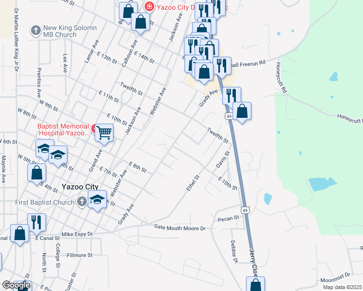 map of restaurants, bars, coffee shops, grocery stores, and more near 1006 East 10th Street in Yazoo City