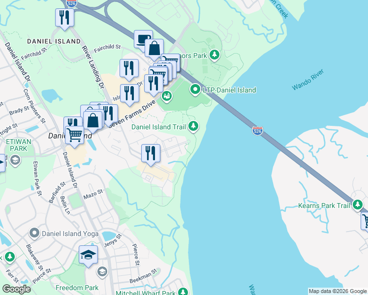 map of restaurants, bars, coffee shops, grocery stores, and more near Daniel Island Trail in Charleston