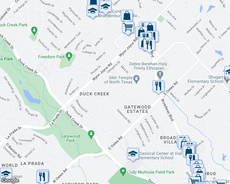 map of restaurants, bars, coffee shops, grocery stores, and more near 4621 Tarry Drive in Garland