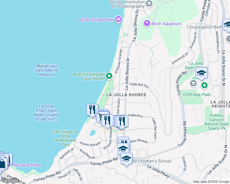 map of restaurants, bars, coffee shops, grocery stores, and more near 8373 El Paseo Grande in La Jolla