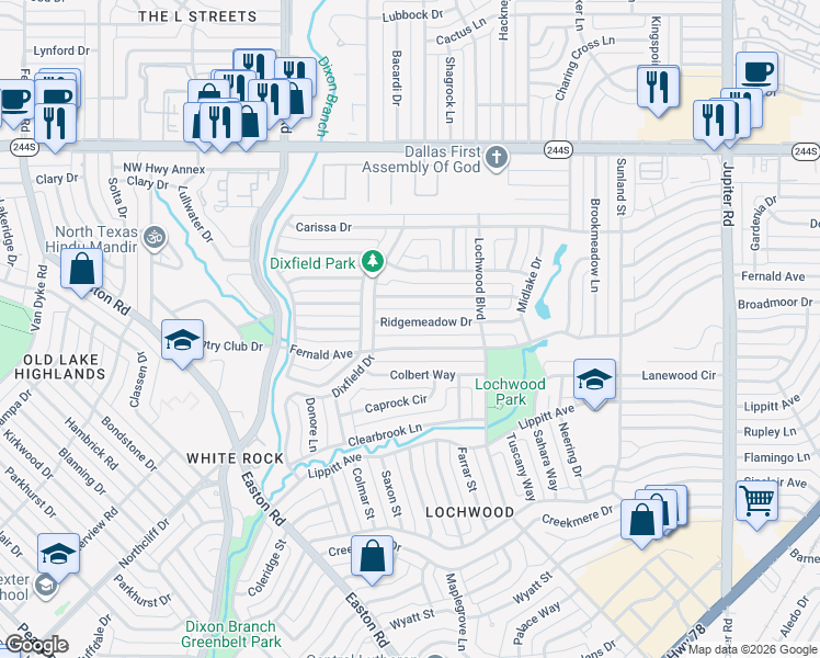 map of restaurants, bars, coffee shops, grocery stores, and more near 10920 Scotsmeadow Drive in Dallas