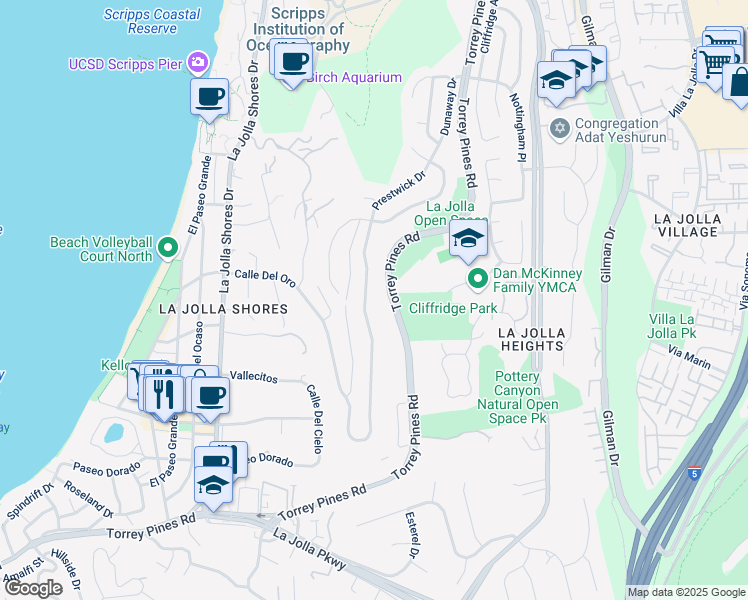 map of restaurants, bars, coffee shops, grocery stores, and more near 8390 Prestwick Drive in San Diego