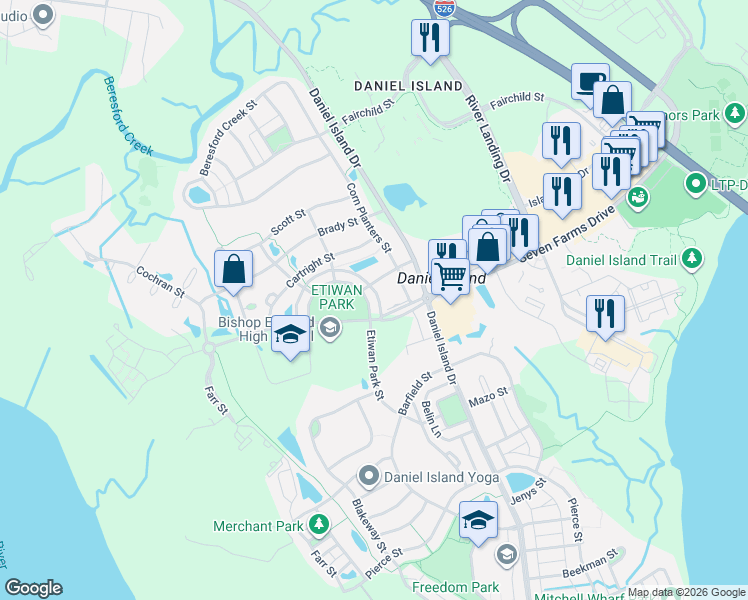 map of restaurants, bars, coffee shops, grocery stores, and more near 126 Etiwan Park Street in Charleston