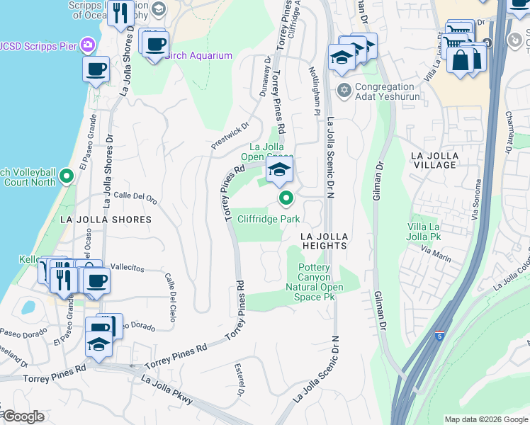 map of restaurants, bars, coffee shops, grocery stores, and more near 8311 Cliffridge Avenue in San Diego