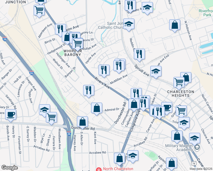map of restaurants, bars, coffee shops, grocery stores, and more near Rivers Ave & McMillan Ave in North Charleston