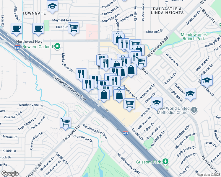 map of restaurants, bars, coffee shops, grocery stores, and more near 1101 West Centerville Road in Garland