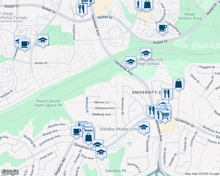 map of restaurants, bars, coffee shops, grocery stores, and more near 3511 Tony Drive in San Diego