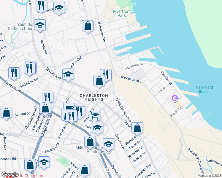 map of restaurants, bars, coffee shops, grocery stores, and more near 1802 Dayton Street in North Charleston