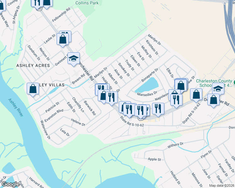 map of restaurants, bars, coffee shops, grocery stores, and more near 5302 Holden Street in North Charleston