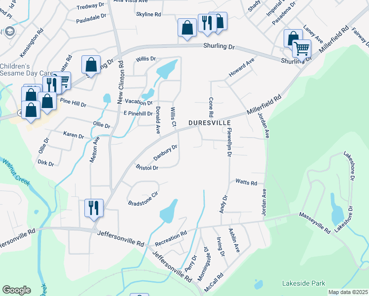 map of restaurants, bars, coffee shops, grocery stores, and more near 2565 Millerfield Road in Macon