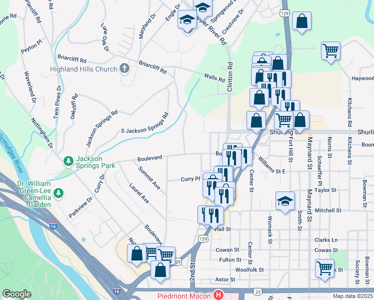 map of restaurants, bars, coffee shops, grocery stores, and more near 1135 Briarcliff Road in Macon