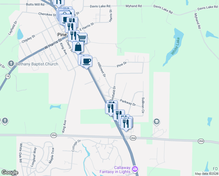map of restaurants, bars, coffee shops, grocery stores, and more near 340 Hillcrest Drive in Pine Mountain