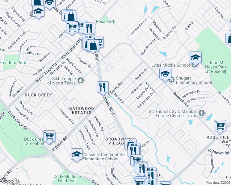 map of restaurants, bars, coffee shops, grocery stores, and more near 705 East Oates Road in Garland