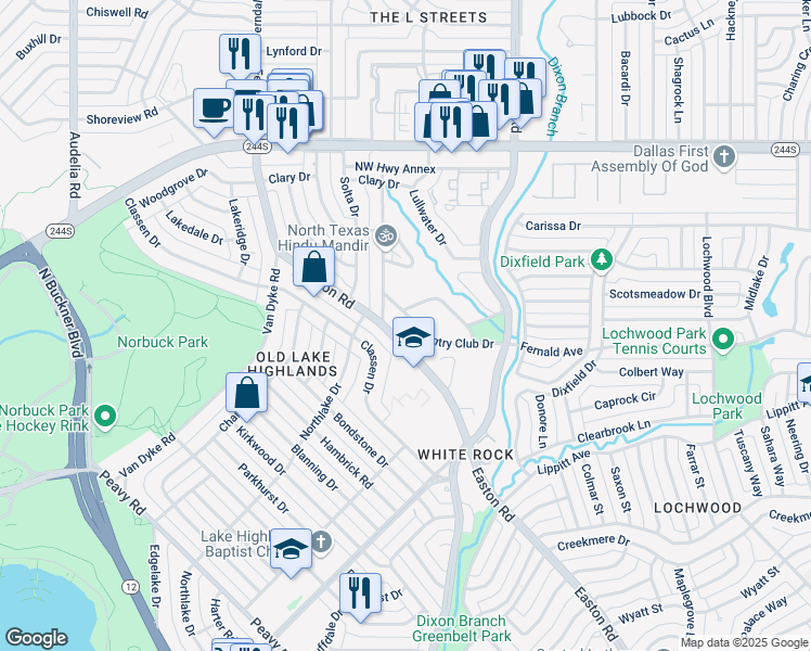 map of restaurants, bars, coffee shops, grocery stores, and more near 10325 Country Club Drive in Dallas