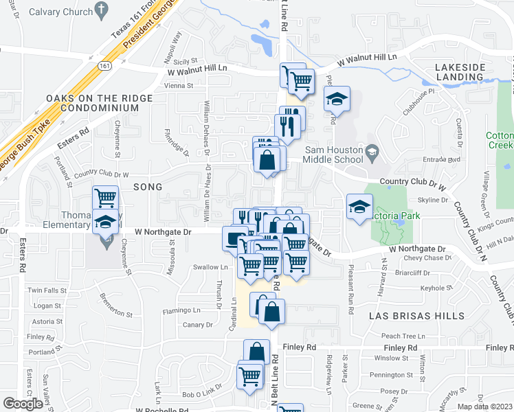 map of restaurants, bars, coffee shops, grocery stores, and more near 3809 North Belt Line Road in Irving