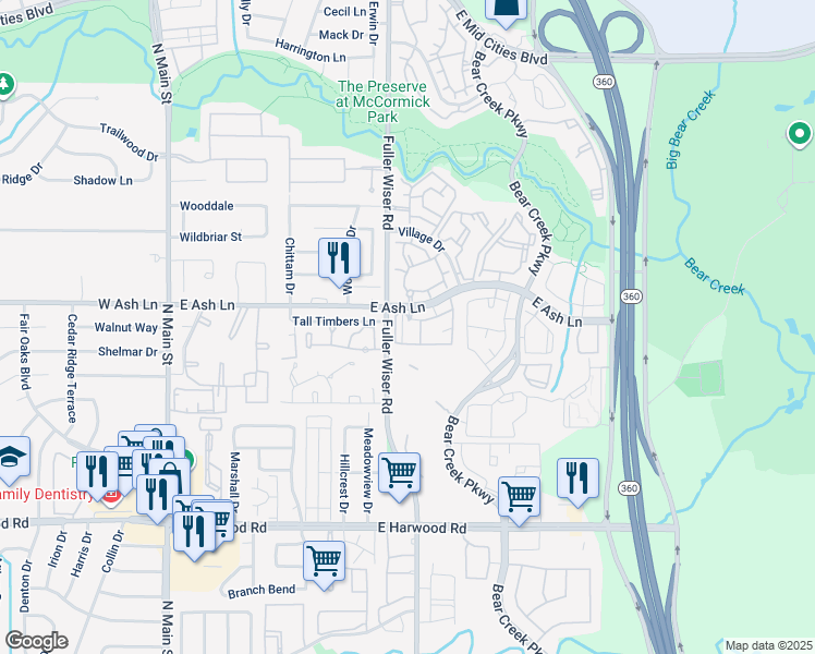 map of restaurants, bars, coffee shops, grocery stores, and more near 700 East Ash Lane in Euless