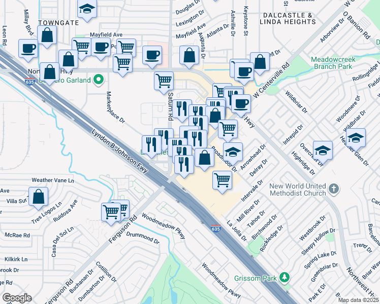 map of restaurants, bars, coffee shops, grocery stores, and more near 1015 West Centerville Road in Garland