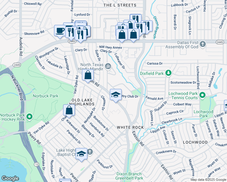 map of restaurants, bars, coffee shops, grocery stores, and more near 10325 Country Club Drive in Dallas