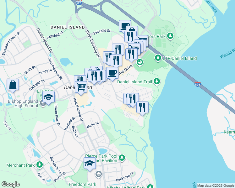 map of restaurants, bars, coffee shops, grocery stores, and more near 210 River Landing Drive in Charleston